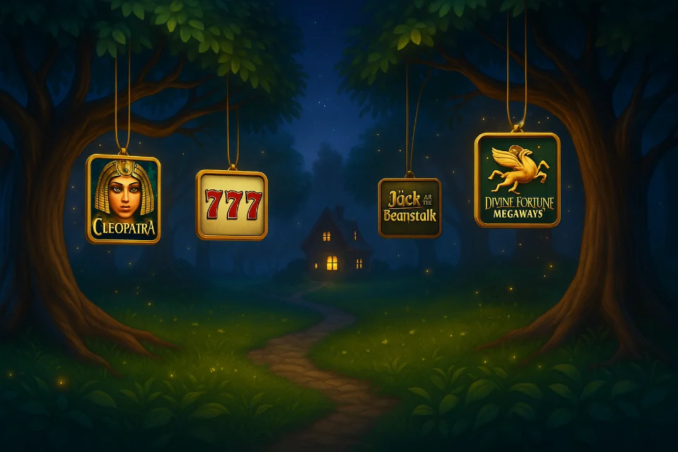 Los logotipos de los juegos de tragamonedas cuelgan de los árboles en un bosque oscuro.